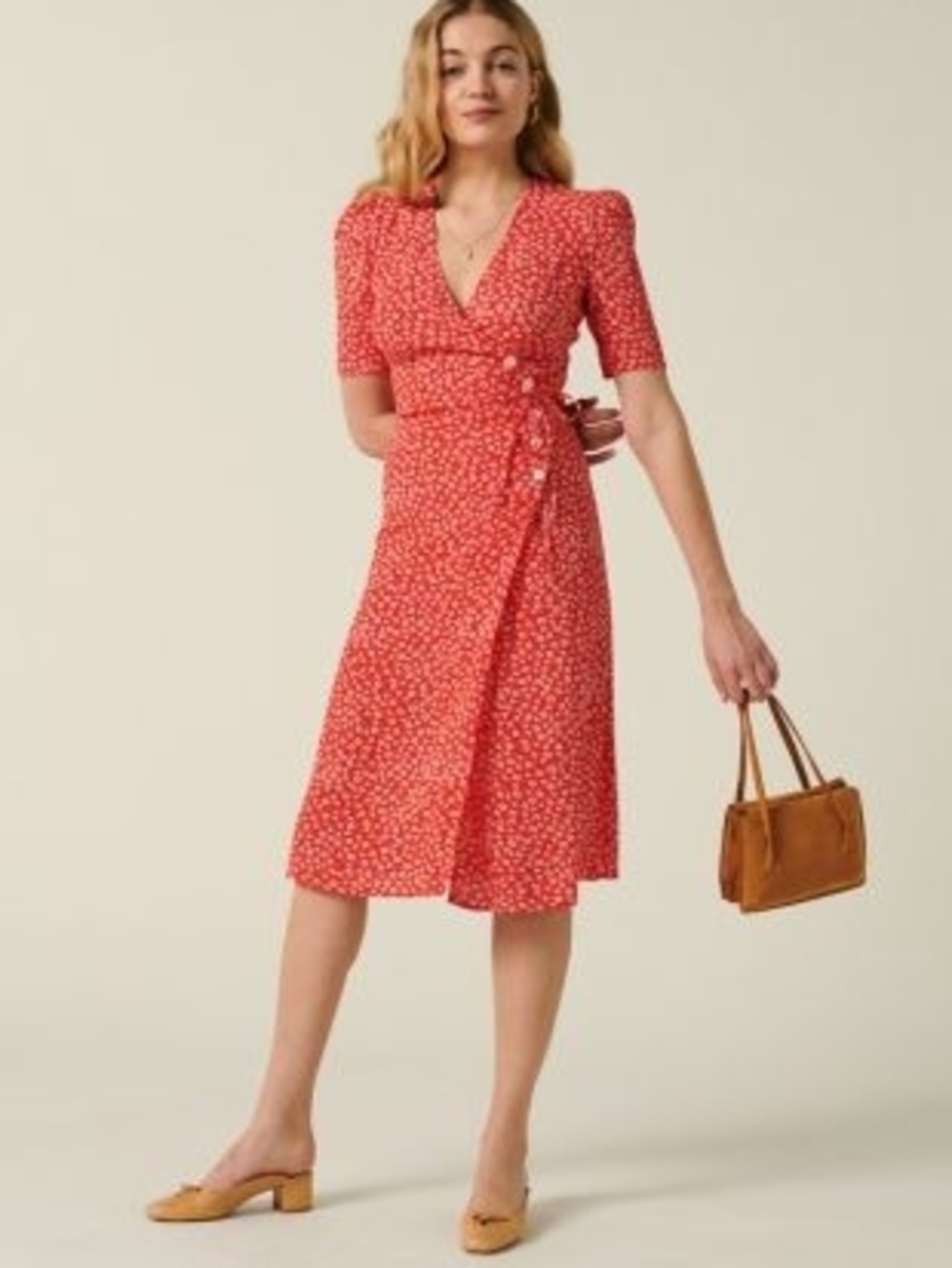 Red Wrap Midi Dress with Ditsy Print